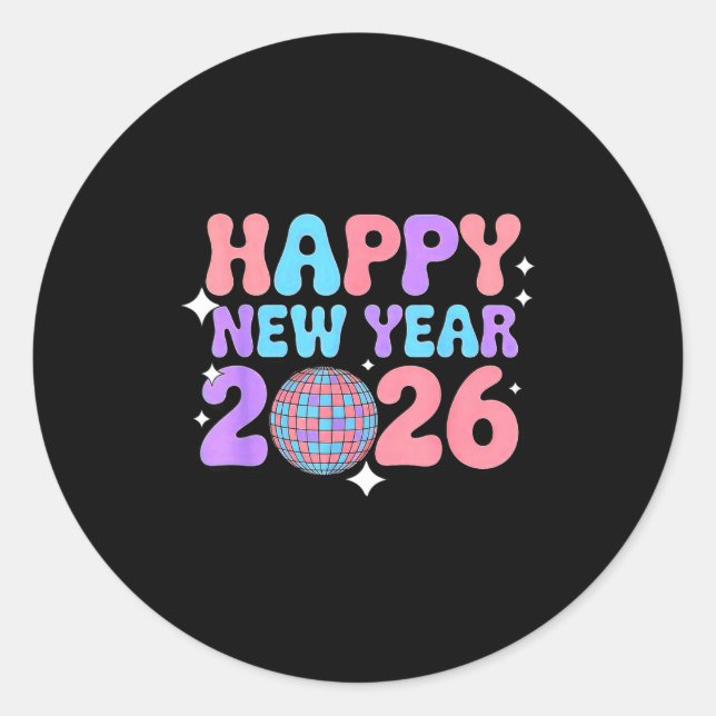 Adesivo Redondo Groovy Cute Happy New Year 2026 Disco Ball  (Frente)