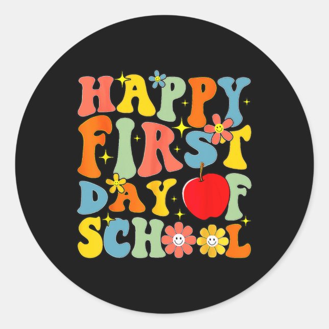 Adesivo Redondo Groovy Feliz Primeiro Dia Da Escola De Volta À Esc (Frente)