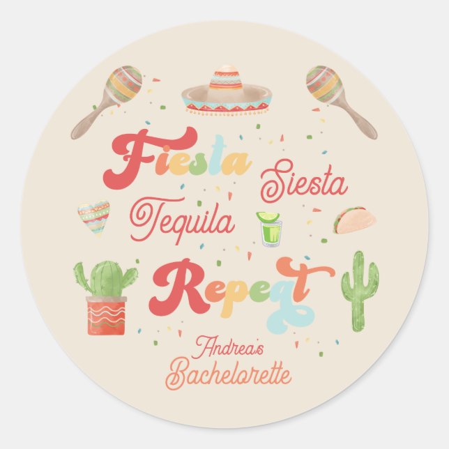 Adesivo Redondo Groovy Fiesta Siesta Tequila Repeat Bachelorette (Frente)