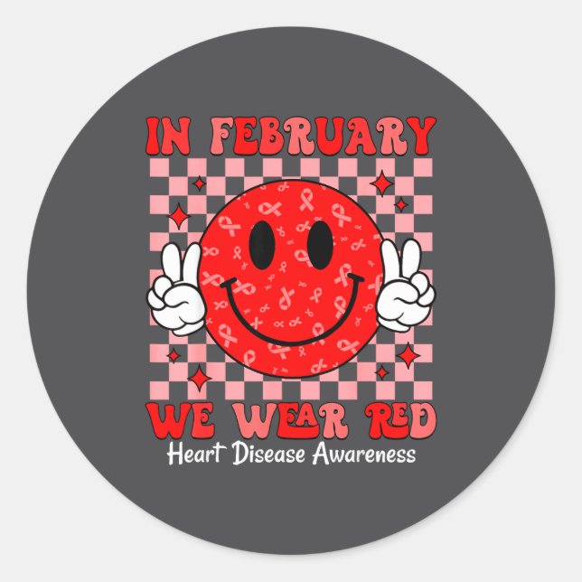 Adesivo Redondo Groovy In February We Wear Red For Heart Disease A (Frente)