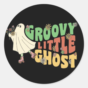 Adesivo Redondo Groovy Little Ghost com Flores Vintage no Hallowee