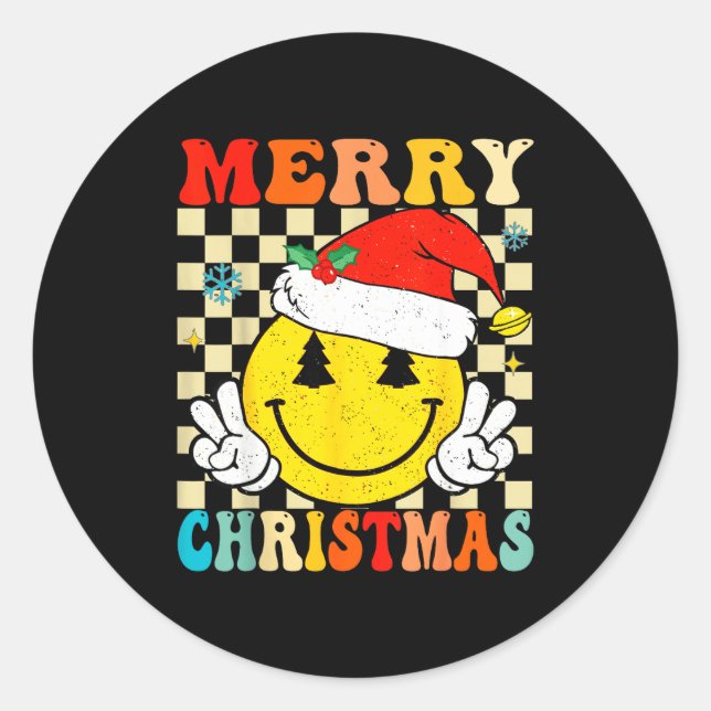 Adesivo Redondo Groovy Merry Christmas Smile Face Santa Hat Xmas T (Frente)