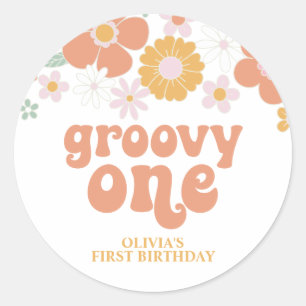 Adesivo Redondo Groovy One Retro Floral 1º aniversário Clássico