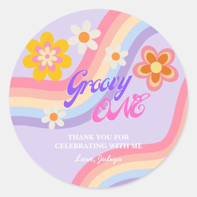 Adesivo Redondo Groovy One Retro Rainbow primeiro aniversario (Frente)