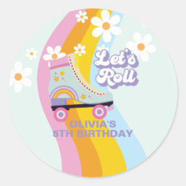 Adesivo Redondo Groovy Patinação de Roda Retro Arco-íris Aniversár