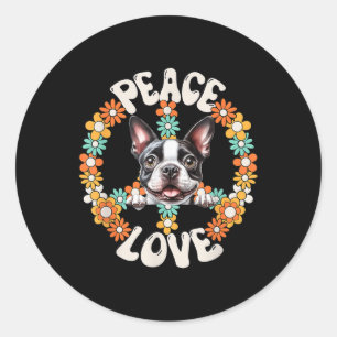 Adesivo Redondo Groovy Peace Love Boston Terrier, 60 anos 70