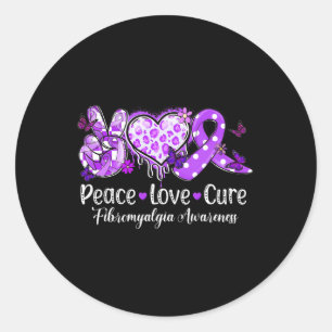 Adesivo Redondo Groovy Peace Love Cure Purple Ribbon Fibromialgia