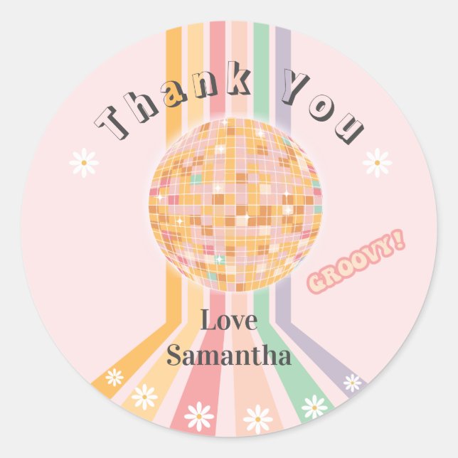 Adesivo Redondo Groovy Retro Daisy Disco Aniversário (Frente)