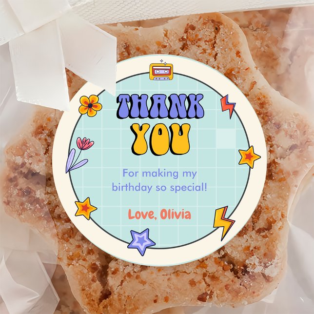 Adesivo Redondo Groovy Retro Hippie Obrigado Festa de aniversário (Criador carregado)