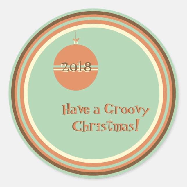 Adesivo Redondo Groovy Retro Natal com Ornamento e Data (Frente)