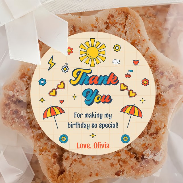 Adesivo Redondo Groovy Retro Obrigado Festa de aniversário (Criador carregado)