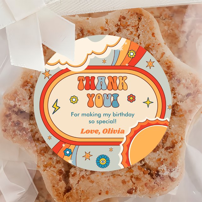 Adesivo Redondo Groovy Retro Rainbow Obrigado Festa de aniversário (Criador carregado)