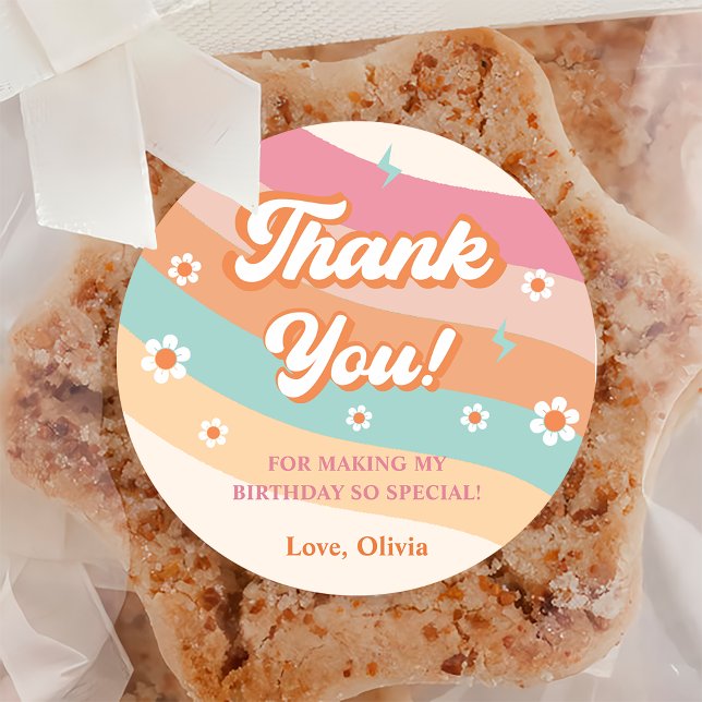 Adesivo Redondo Groovy Retro Rainbow Obrigado Festa de aniversário (Criador carregado)