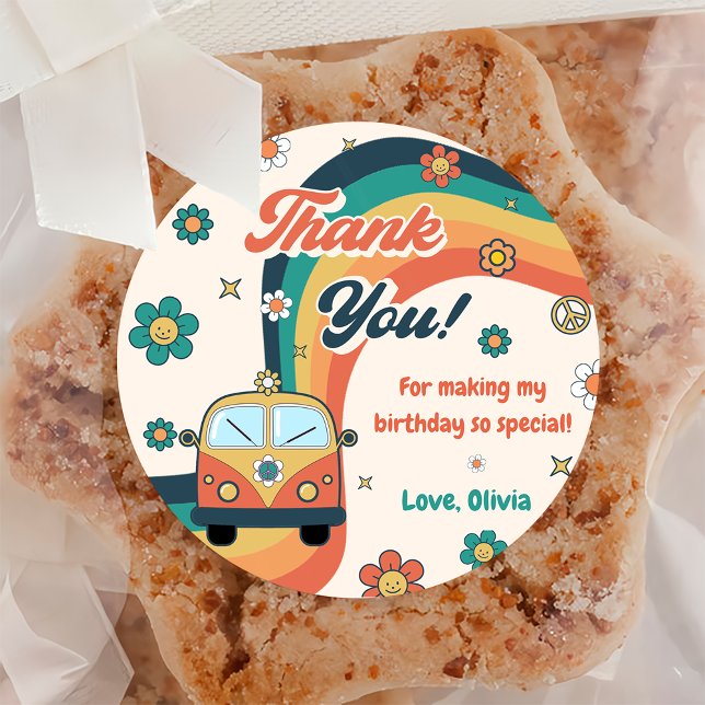 Adesivo Redondo Groovy Retro Rainbow Obrigado Festa de aniversário (Criador carregado)