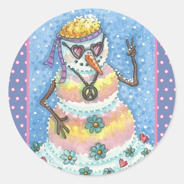 Adesivo Redondo GROOVY SNOWMAN, SINAL DE PAZ CHRISTMAS STICKER Rnd (Frente)