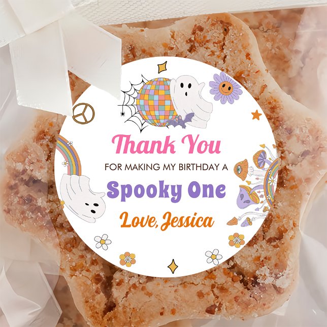 Adesivo Redondo Groovy Spooky Festa de Aniversário Bonito do Hallo (Criador carregado)