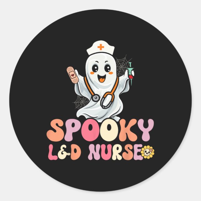 Adesivo Redondo Groovy Spooky Labour and Delivery Nurse Halloween  (Frente)