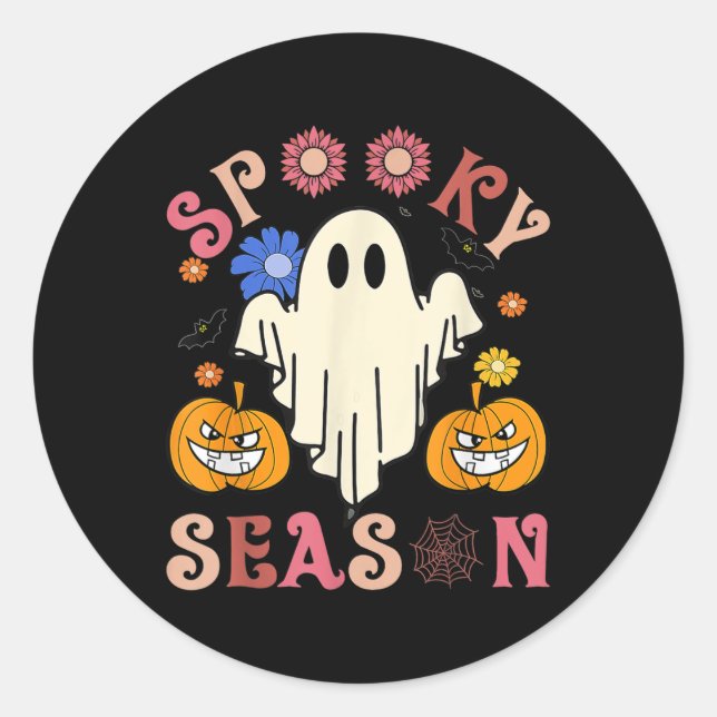 Adesivo Redondo Groovy Spooky Season Cute Ghost Segurando Pumpkin  (Frente)