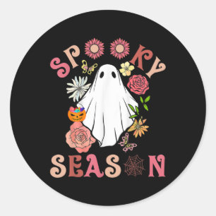Adesivo Redondo Groovy Spooky Season Cute Ghost Segurando Pumpkin