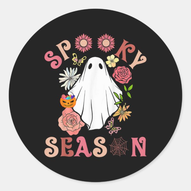 Adesivo Redondo Groovy Spooky Season Cute Ghost Segurando Pumpkin  (Frente)