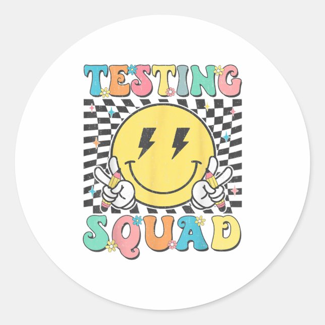 Adesivo Redondo Groovy Test Day Testing Squad Motivation Teacher S (Frente)