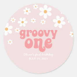 Adesivo Redondo Groovy Um Retro daisy boho floral primeiro anivers