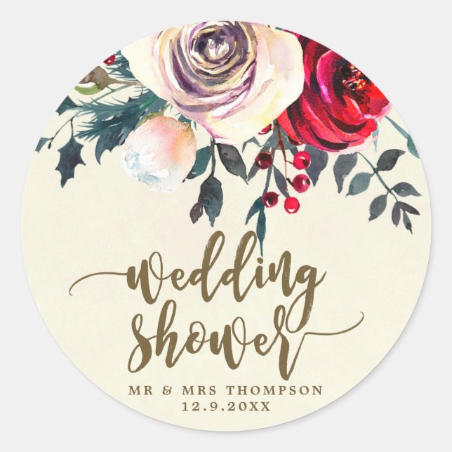 Adesivo Redondo groselha de chá de casamento de inverno natal (Frente)