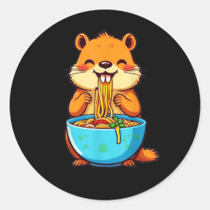 Adesivo Redondo Groundhog Comendo Ramen Feliz Dia do Marmoço