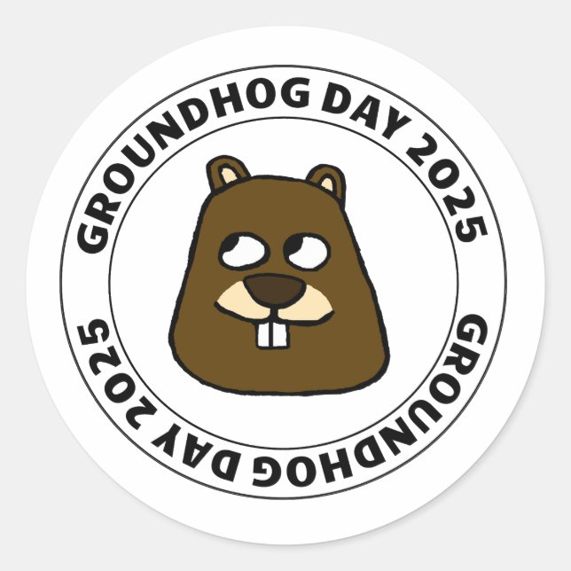 Adesivo Redondo Groundhog Day 2025 com rosto de Groundhog (Frente)