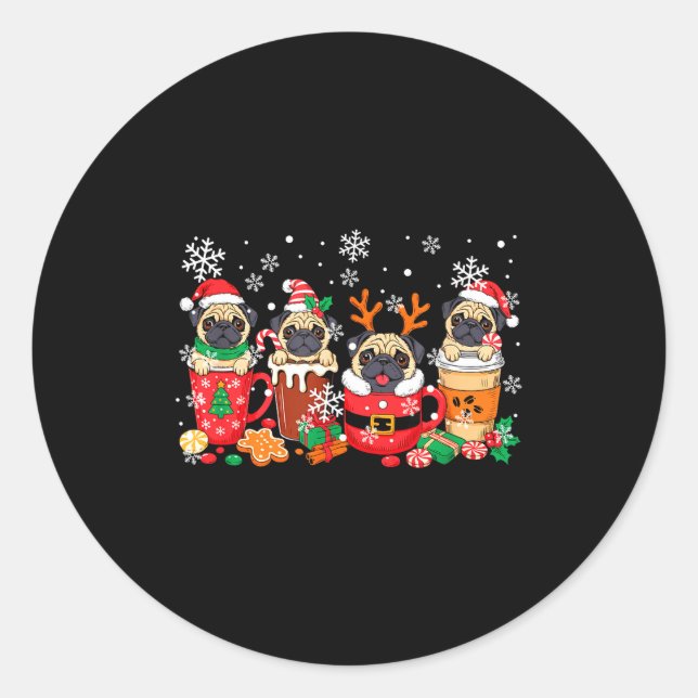 Adesivo Redondo Group Santa Reindeer Pugs In Coffee C Christmas  (Frente)