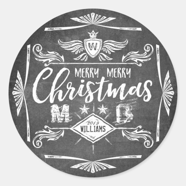 Adesivo Redondo Grunge Chalkboard Merry Natal Retro Typografia (Frente)