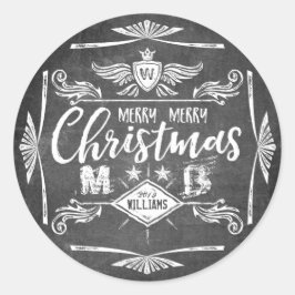 Adesivo Redondo Grunge Chalkboard Merry Natal Retro Typografia