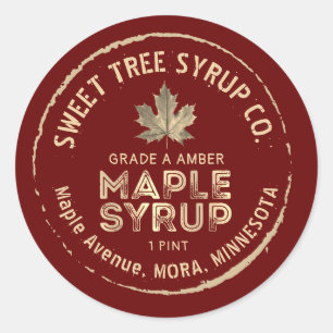 Adesivo Redondo Grunge Text Dourado Leaf Maple Syrup Label em Verm