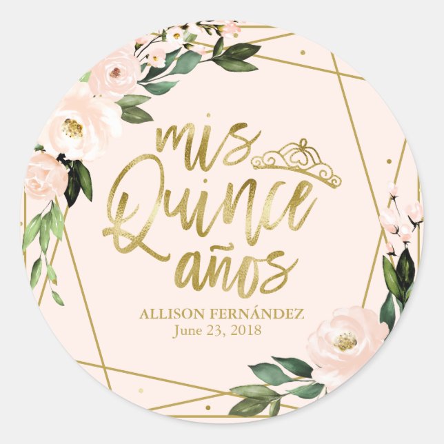 Adesivo Redondo Grupo Quinceanera Gold Foil Blush Floral Rosa (Frente)