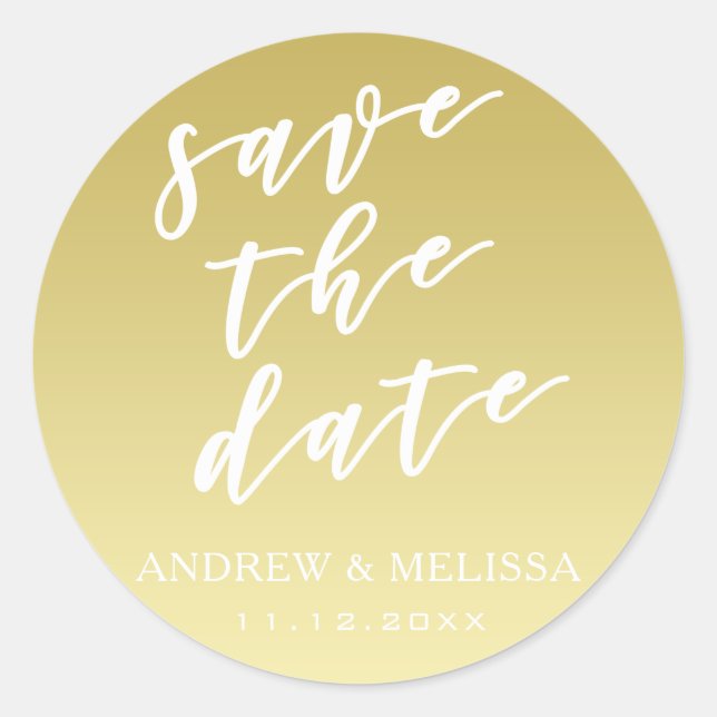 Adesivo Redondo Guarde a data, Script Faux Dourado Wedding Sticker (Frente)