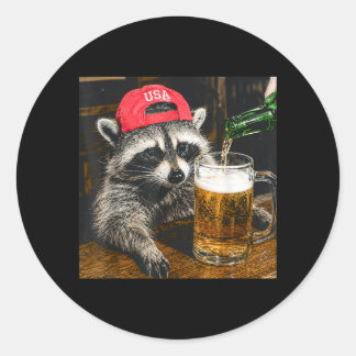 Adesivo Redondo Guaxinim Engraçado Bebendo Cerveja Chapéu Usa Patr