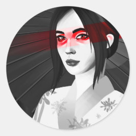 Adesivo Redondo Gueisha noir et blanc aux yeux rouges