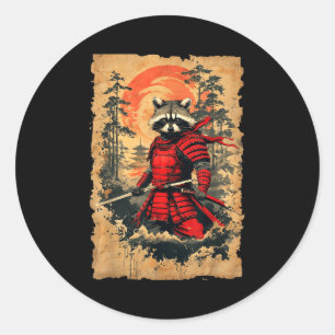 Adesivo Redondo Guerra Raccoon Samurai Japonês Estilo Vintage Gra
