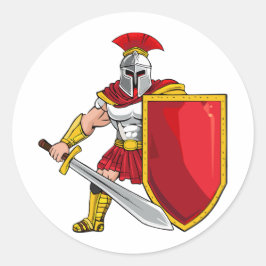 Adesivo Redondo Guerreiro antigo com espada e escudo no capacete