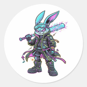 Adesivo Redondo Guerreiro Coelho Cyberpunk Neon – Coelho Futurista