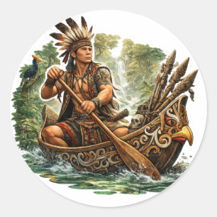 ADESIVO REDONDO GUERREIRO DAYAK EM CANOA TRIBAL DE BORNEO