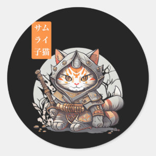 Adesivo Redondo Guerreiro Samurai Japonês Kawaii Cat Anime Lover