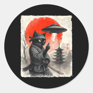 Adesivo Redondo Guerreiro Samurai Ninja Gato OVNI Japonês Anime En