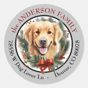 Adesivo Redondo Guia de Endereço de Natal com Retriever Dourado