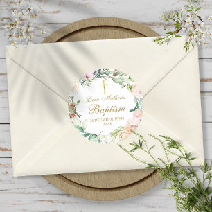 Adesivo Redondo Guirlanda de Rosa Florestal Batismo Batizado