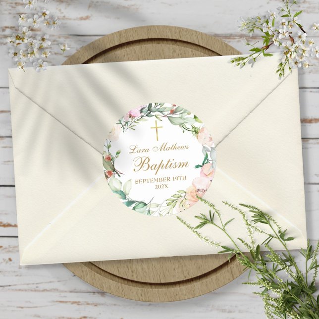 Adesivo Redondo Guirlanda de Rosa Florestal Batismo Batizado (Woodland Rose Garland Baptism Christening Classic Round Sticker)