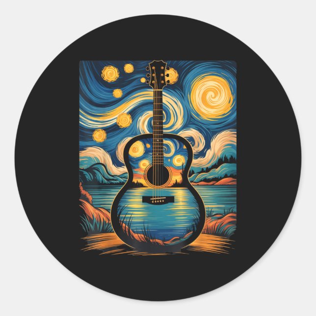 Adesivo Redondo Guitar Lake Starry Night Music Guitarist Van Gogh  (Frente)