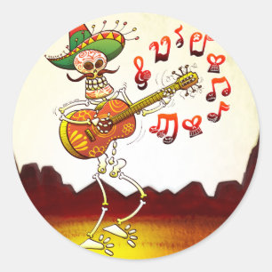 Adesivo Redondo Guitarra de jogo de esqueleto mexicana