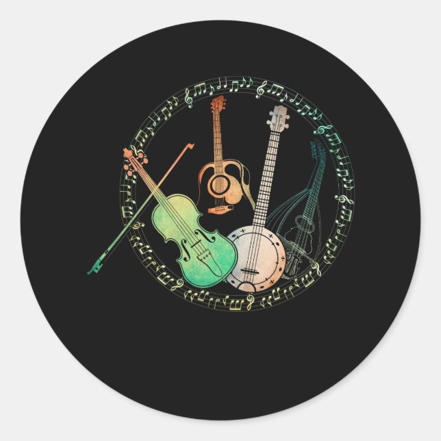 Adesivo Redondo Guitars Banjos Fiddle Mandolin Nó Colorido (Frente)