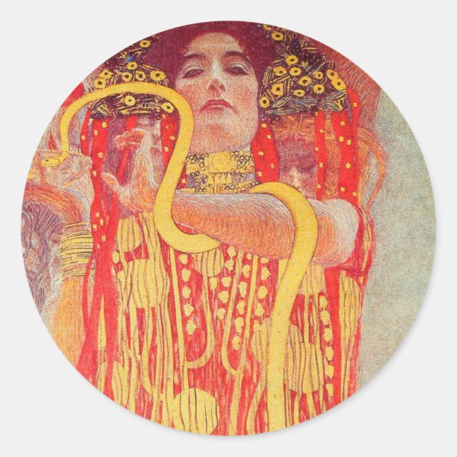 Adesivo Redondo Gustav Klimt Red Woman Dourada pintura Cobra (Frente)
